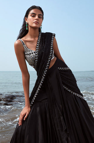 Ritika Mirchandani-Black Embroidered Lehenga Saree Set-INDIASPOPUP.COM