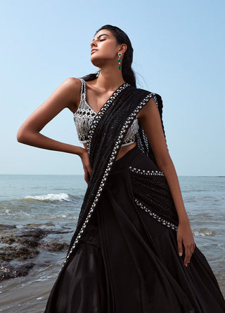 Ritika Mirchandani-Black Embroidered Lehenga Saree Set-INDIASPOPUP.COM