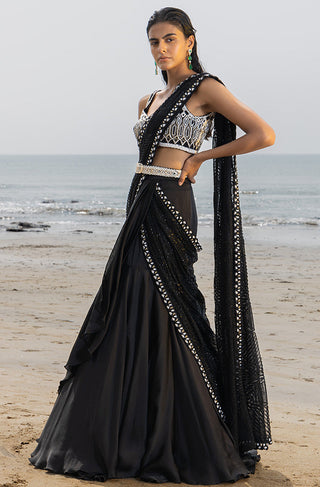 Ritika Mirchandani-Black Embroidered Lehenga Saree Set-INDIASPOPUP.COM
