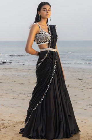 Ritika Mirchandani-Black Embroidered Lehenga Saree Set-INDIASPOPUP.COM