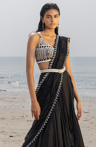 Ritika Mirchandani-Black Embroidered Lehenga Saree Set-INDIASPOPUP.COM