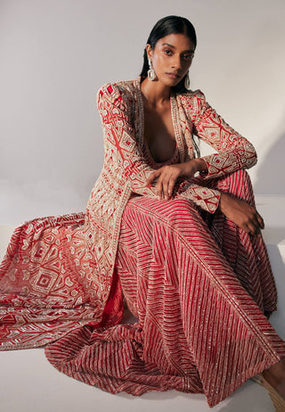 Ritika Mirchandani-Red Embroidered Jacket With Bustier, Sharara And Belt-INDIASPOPUP.COM
