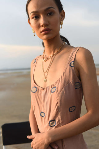 The Loom Art-Tan Crepe & Teal Jumpsuit-INDIASPOPUP.COM