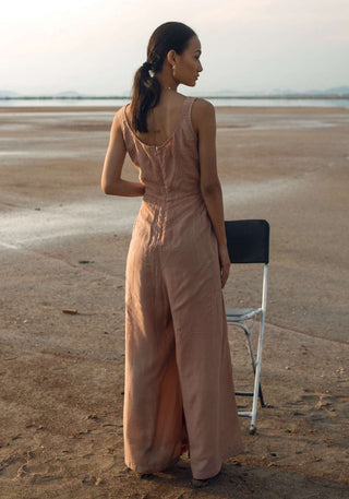 The Loom Art-Tan Crepe & Teal Jumpsuit-INDIASPOPUP.COM