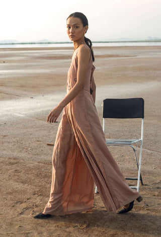 The Loom Art-Tan Crepe & Teal Jumpsuit-INDIASPOPUP.COM