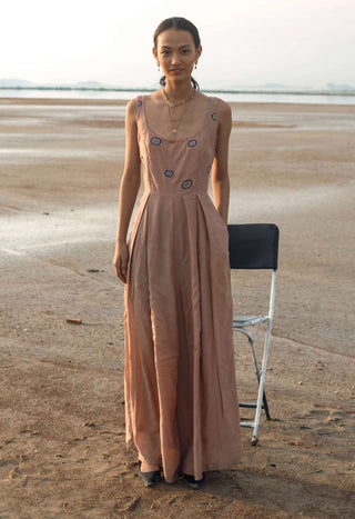 The Loom Art-Tan Crepe & Teal Jumpsuit-INDIASPOPUP.COM
