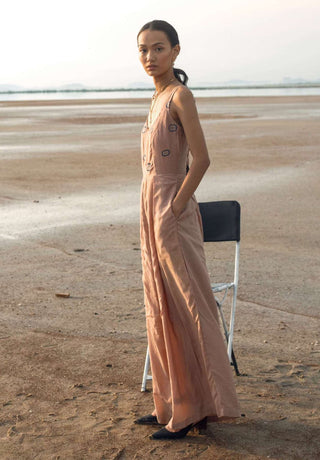 The Loom Art-Tan Crepe & Teal Jumpsuit-INDIASPOPUP.COM