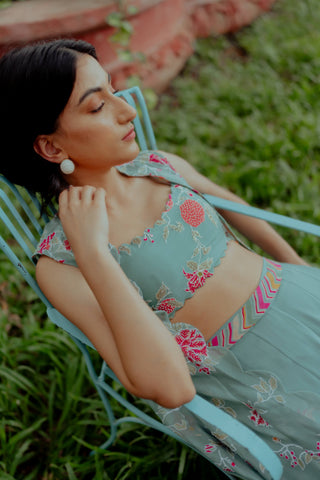 Paulmi & Harsh-Blue Jacket With Crop Top, Flared Palazzo And Belt-INDIASPOPUP.COM