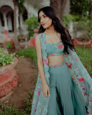 Paulmi & Harsh-Blue Jacket With Crop Top, Flared Palazzo And Belt-INDIASPOPUP.COM