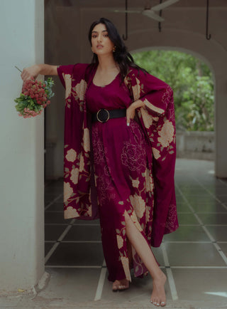 Paulmi & Harsh-Violet Print Maxi With Jacket And Leather Belt-INDIASPOPUP.COM