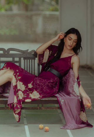 Paulmi & Harsh-Violet Print Maxi With Jacket And Leather Belt-INDIASPOPUP.COM