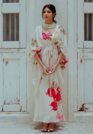 Paulmi & Harsh-Off-White Printed Dress With Jacket-INDIASPOPUP.COM