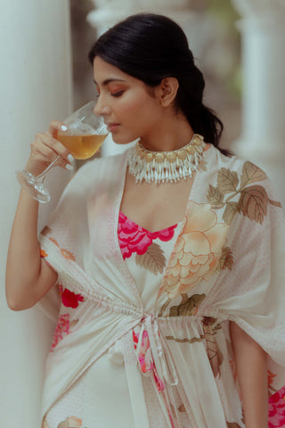 Paulmi & Harsh-Off-White Printed Dress With Jacket-INDIASPOPUP.COM