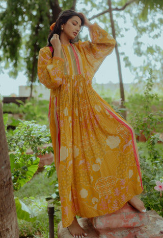 Paulmi & Harsh-Ochre Yellow Gathered Maxi Dress-INDIASPOPUP.COM