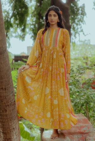 Paulmi & Harsh-Ochre Yellow Gathered Maxi Dress-INDIASPOPUP.COM