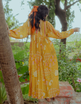 Paulmi & Harsh-Ochre Yellow Gathered Maxi Dress-INDIASPOPUP.COM