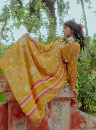 Paulmi & Harsh-Ochre Yellow Gathered Maxi Dress-INDIASPOPUP.COM