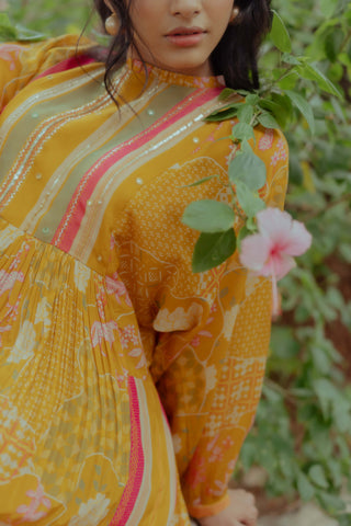 Paulmi & Harsh-Ochre Yellow Gathered Maxi Dress-INDIASPOPUP.COM
