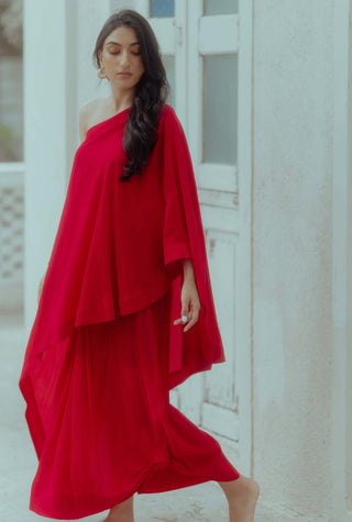 Paulmi & Harsh-Rani Pink One Shoulder Top And Drape Skirt-INDIASPOPUP.COM