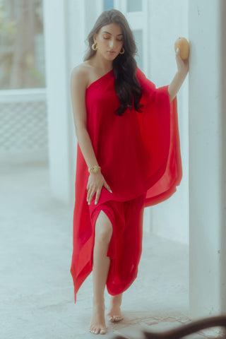 Paulmi & Harsh-Rani Pink One Shoulder Top And Drape Skirt-INDIASPOPUP.COM