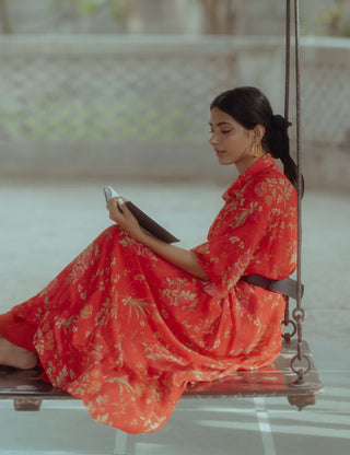 Paulmi & Harsh-Poppy Red Printed Dress-INDIASPOPUP.COM