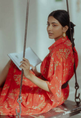 Paulmi & Harsh-Poppy Red Printed Dress-INDIASPOPUP.COM