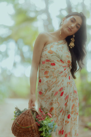 Paulmi & Harsh-Off-White One Shoulder Draped Dress-INDIASPOPUP.COM