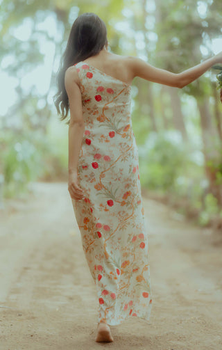 Paulmi & Harsh-Off-White One Shoulder Draped Dress-INDIASPOPUP.COM