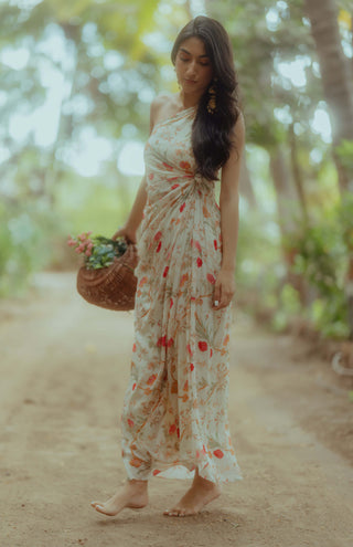 Paulmi & Harsh-Off-White One Shoulder Draped Dress-INDIASPOPUP.COM
