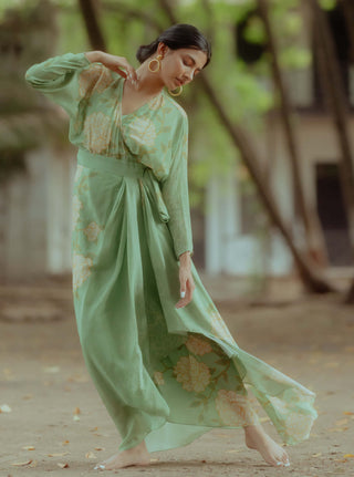 Paulmi & Harsh-Fern Green Printed Dress-INDIASPOPUP.COM
