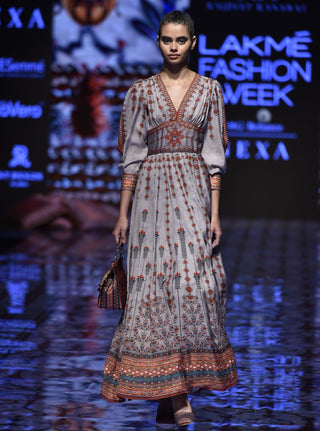 Rajdeep Ranawat-Taupe Long Printed Anarkali Dress-INDIASPOPUP.COM