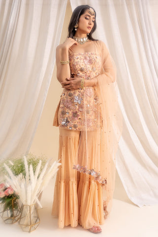 Silky Bindra-Beige Floral Embroidered Sharara Set-INDIASPOPUP.COM