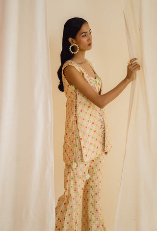 Drishti & Zahabia-Cream Floral Print Jacket And Pant Set-INDIASPOPUP.COM