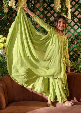 Littleens-Green Angrakha Kurti With Pants-INDIASPOPUP.COM
