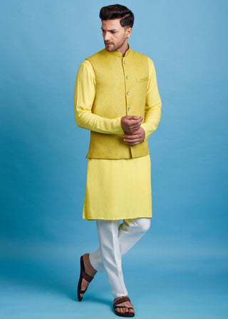 Chatenya Mittal-Yellow Embroidered Nehru Jacket With Kurta Set-INDIASPOPUP.COM