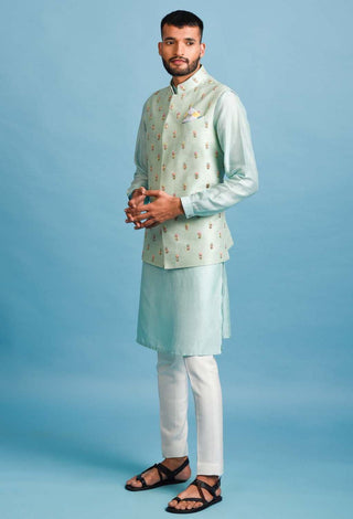 Chatenya Mittal-Green Embroidered Nehru Jacket With Kurta Set-INDIASPOPUP.COM