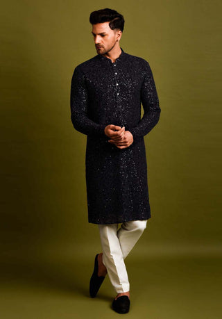 Chatenya Mittal-Navy Blue Embellished Kurta With Pant-INDIASPOPUP.COM