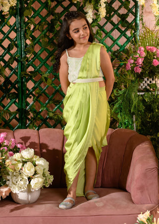 Littleens-Green Embroidered Sari Set-INDIASPOPUP.COM