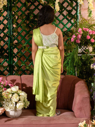 Littleens-Green Embroidered Sari Set-INDIASPOPUP.COM