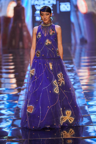 Aisha Rao-Blue Sleeveless Tulle Gown-INDIASPOPUP.COM