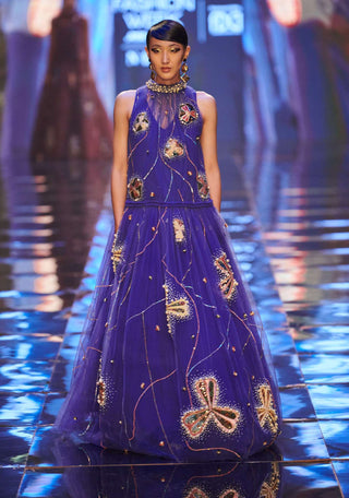 Aisha Rao-Blue Sleeveless Tulle Gown-INDIASPOPUP.COM