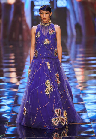Aisha Rao-Blue Sleeveless Tulle Gown-INDIASPOPUP.COM