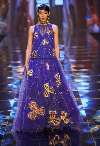 Aisha Rao-Blue Sleeveless Tulle Gown-INDIASPOPUP.COM