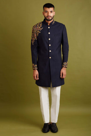 Chatenya Mittal-Navy Blue Embroidered Achkan Jacket Set-INDIASPOPUP.COM