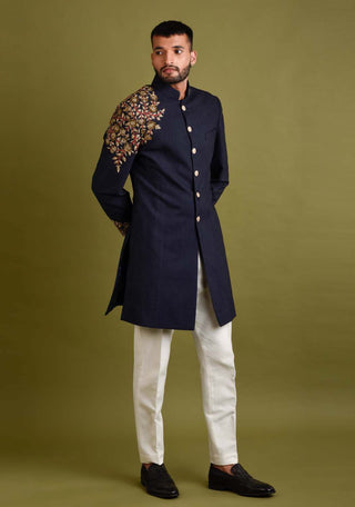 Chatenya Mittal-Navy Blue Embroidered Achkan Jacket Set-INDIASPOPUP.COM
