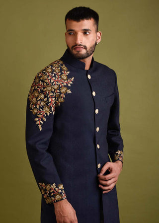 Chatenya Mittal-Navy Blue Embroidered Achkan Jacket Set-INDIASPOPUP.COM