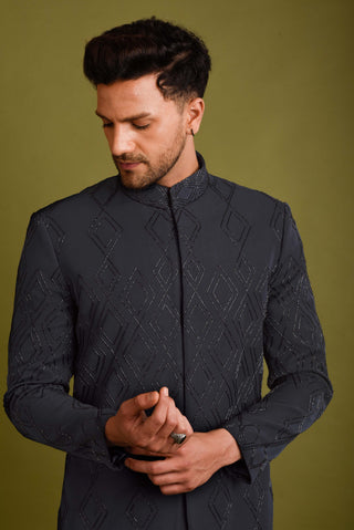 Chatenya Mittal-Black Blue Embroidered Achkan Jacket Set-INDIASPOPUP.COM