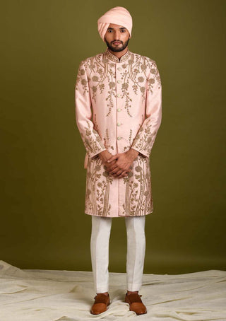 Chatenya Mittal-Pink Peach Embroidered Sherwani Set-INDIASPOPUP.COM