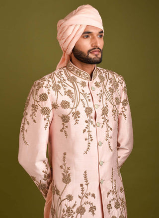 Chatenya Mittal-Pink Peach Embroidered Sherwani Set-INDIASPOPUP.COM