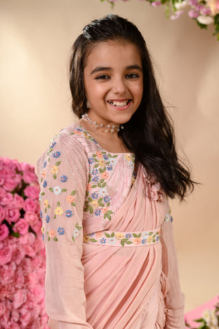 Littleens-Pink Embroidered Sharara Saree Set-INDIASPOPUP.COM